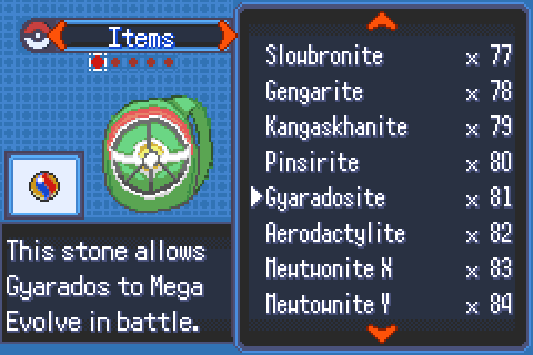 The Bag's Items pocket scrolling through Mega Stones up to slot 84