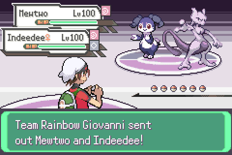 Team Rainbow Rocket's Giovanni sends out Mewtwo and Indeedee in a Double Battle