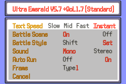 The Option screen of the patched game, titled Ultra Emerald v5.7 +QoL1.7