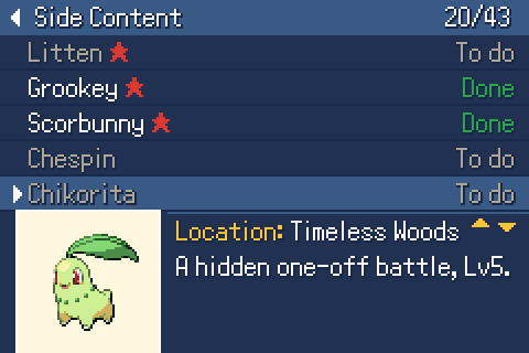 The Quest Log's Side Content chapter, with red stars on the always-shiny Pokémon