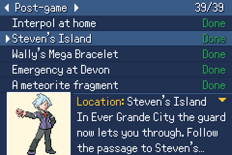 The Quest Log listing post-game objectives with a portrait and location panel