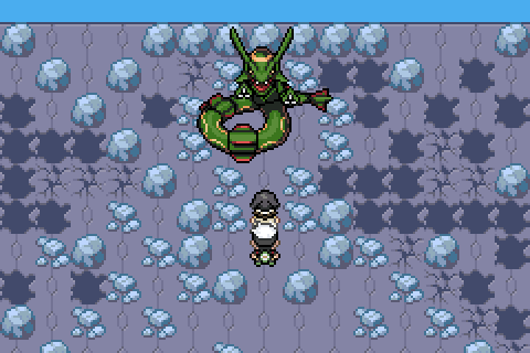 Rayquaza descends on the Sky Pillar in front of the player