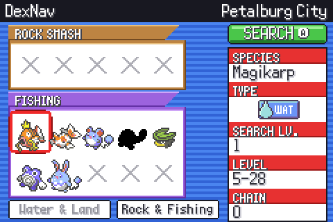 The DexNav’s second screen, with Rock Smash and Fishing Pokémon