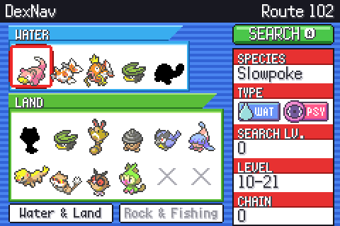 The DexNav screen listing Water and Land Pokémon of Route 102