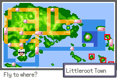 The Hoenn Fly map with red squares on the post-game islands