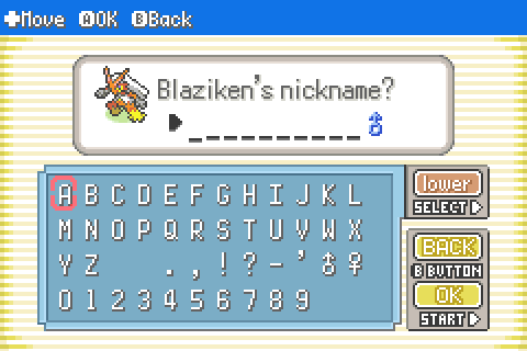 The naming screen with an English keyboard, typing a nickname