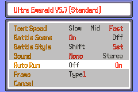 The Option menu with the Auto Run setting