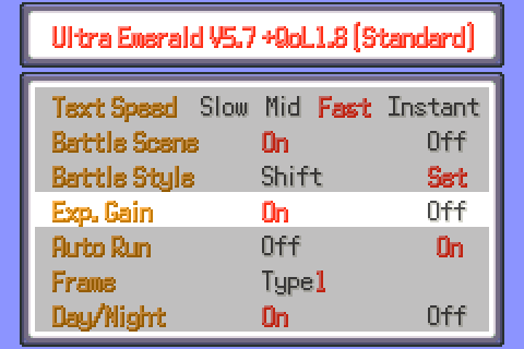 The Option menu with the Exp. Gain row selected and a Day/Night row at the bottom